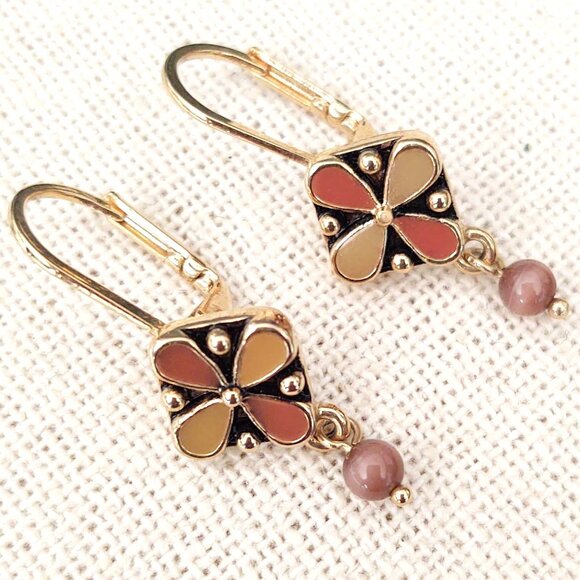 Jewelry - tan & burnt orange with black accent enamel drop earrings with tiny bead dangles